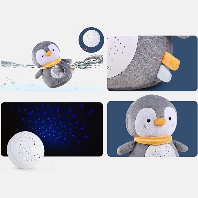 Pinguin de pelucia com sons musical +ruido branco +Projeção de Estrelas