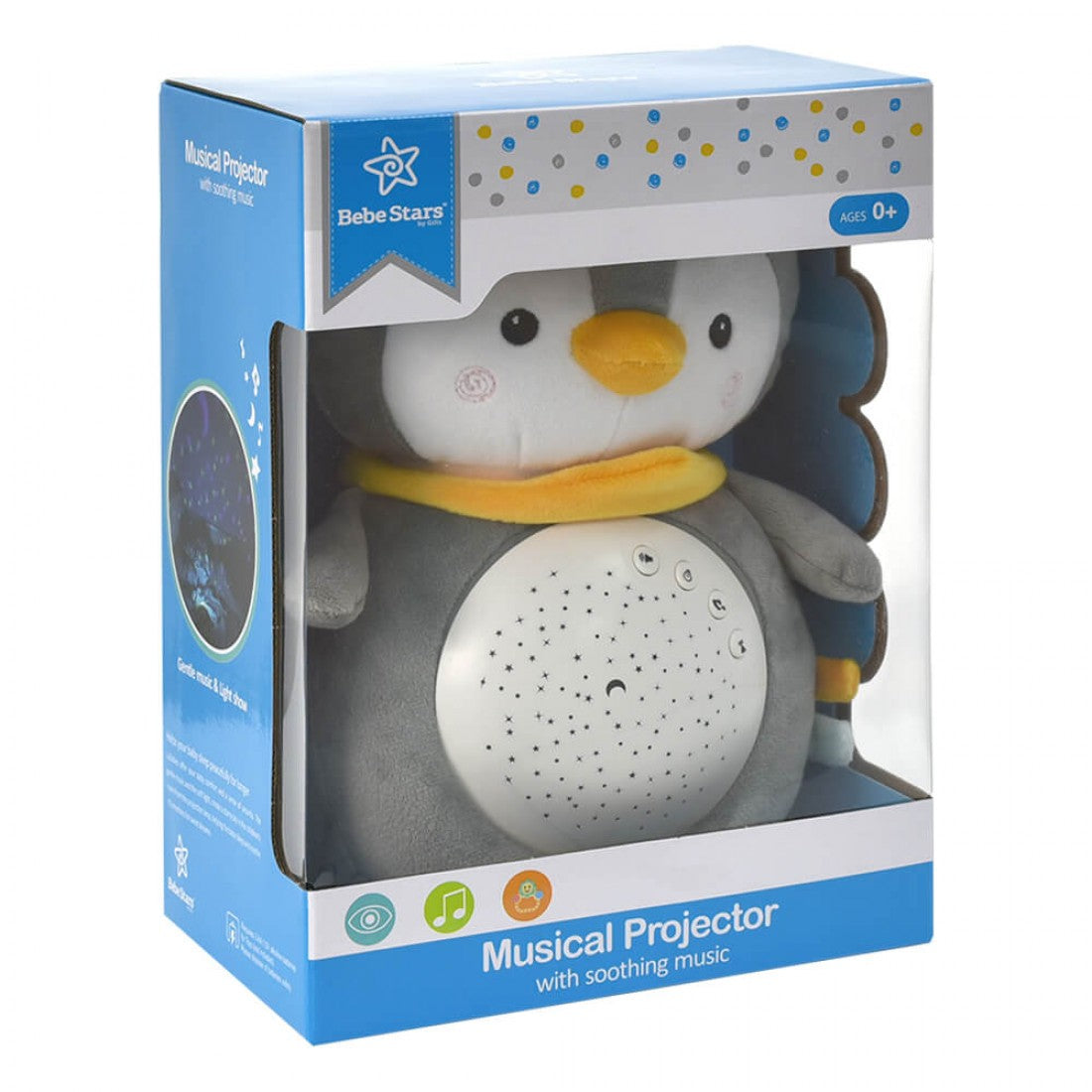Pinguin de pelucia com sons musical +ruido branco +Projeção de Estrelas