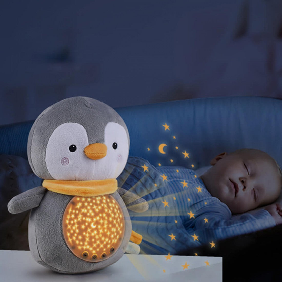 Pinguin de pelucia com sons musical +ruido branco +Projeção de Estrelas