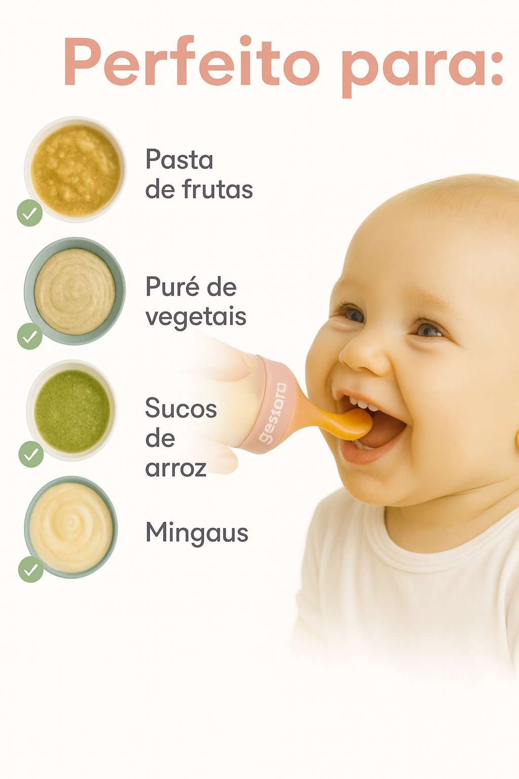 Colher Dosadora Primeira Papinha – by Gestara | Ganhe 1 Babador Impermeável Personalizado + Cartela Digital de Receitas Saudáveis